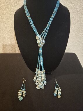 Beaded Turquoise Blue Shell Pendant Necklace and Earring Set